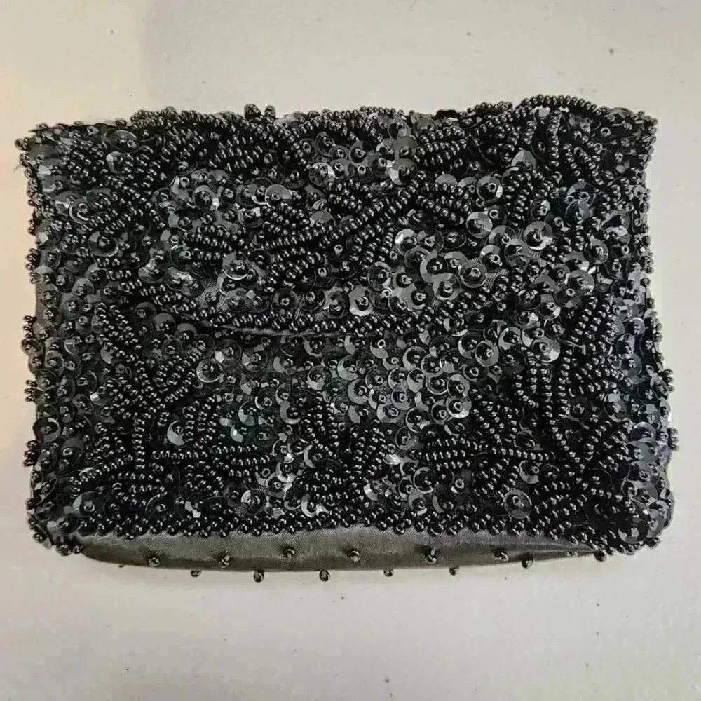 Vintage 1960's 1970's Black Beaded‎ Coin Purse Hand Made in Hong Kong